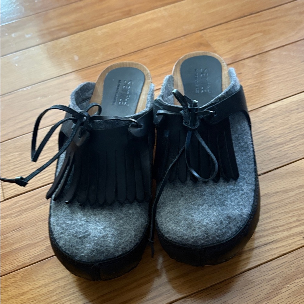 Sanita Gray & Black Danish Wood & Cloth Clog Shoes 38 7